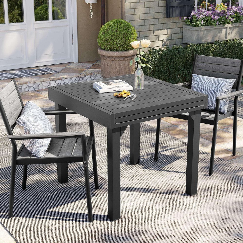 3-Piece Aluminum Patio Outdoor Dining Set Rectangle Extendable Table and Arms Stacking Wood-Like Chairs, Gray price history on PriceWatchPro