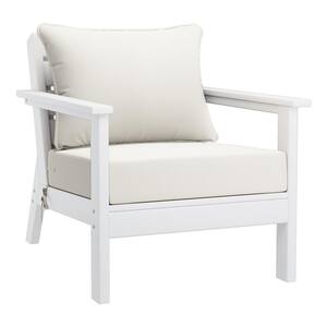 Birchwood Outdoor Patio Deep Seating HDPE Plastic Lounge Chair in White with White Cushions