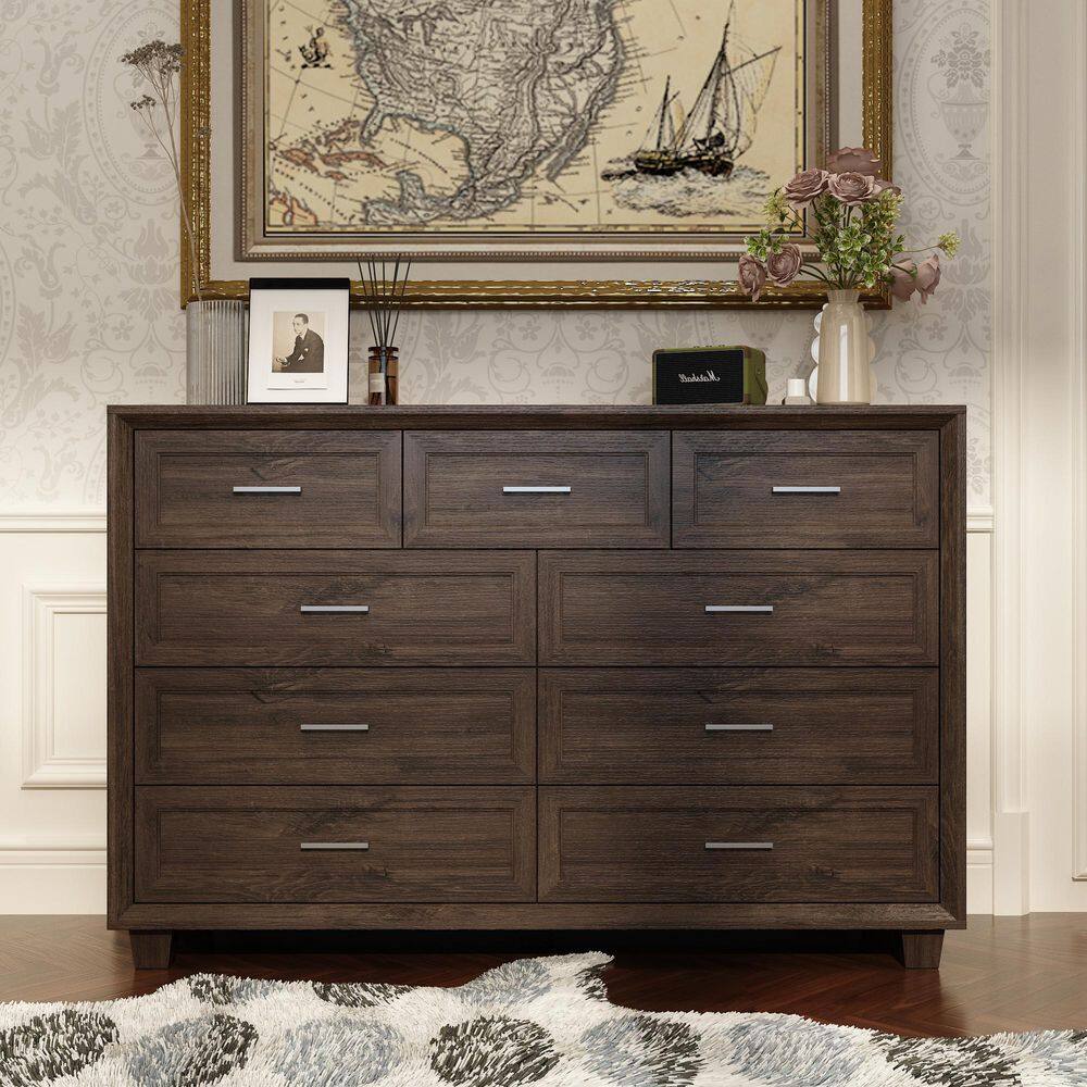 Walnut 9 Drawer 60 in. Dresser with Spacious Top, Raised Legs, Metal Handles, Modern Chest of Drawers with Storage
