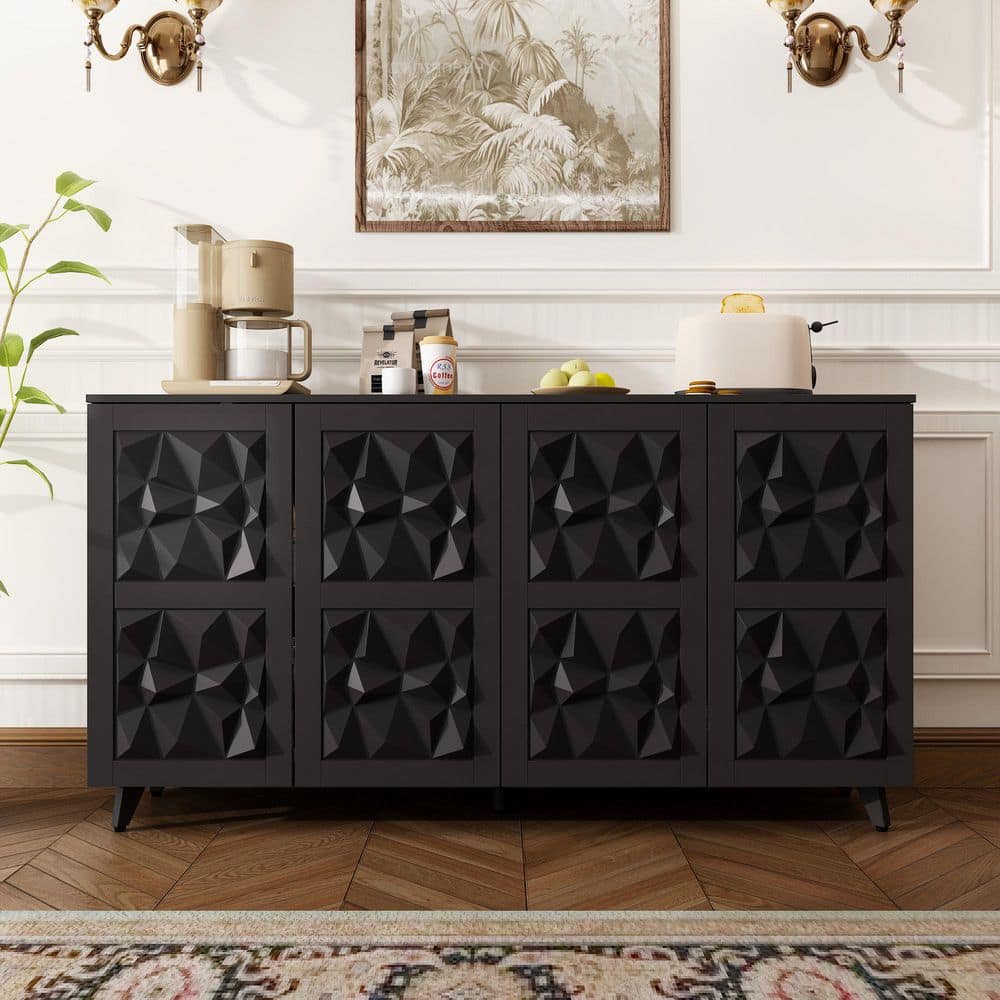 FUFU&GAGA Black Wood 62.2 in. Sideboard with 3D Carved Doors