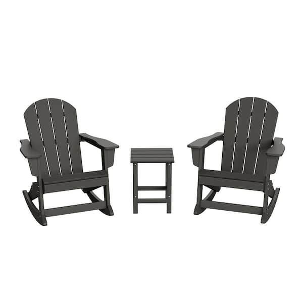 Laguna 3-Piece Fade Resistant Outdoor Patio HDPE Poly Plastic Adirondack Rocking Chairs and Side Table Set, Gray
