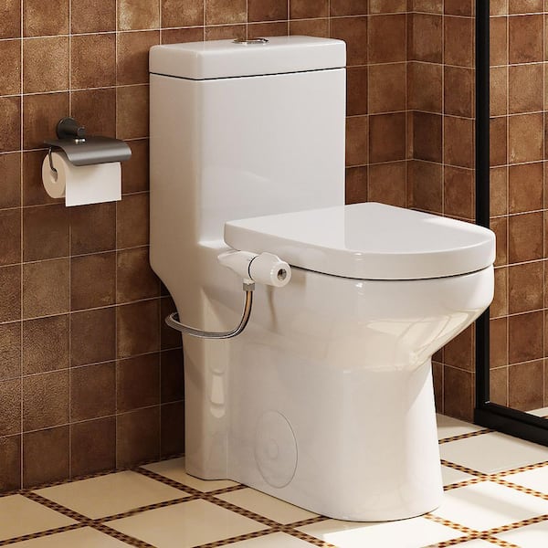 Compact 1.1/1.6 GPF Round 1-Piece Toilet Combo in White with Bidet Attachment, Dual Nozzles and Adjustable Fit