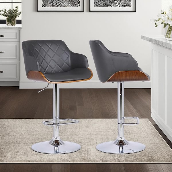Toby Contemporary Adjustable Chrome with Grey Faux Leather and Walnut Bar Stool