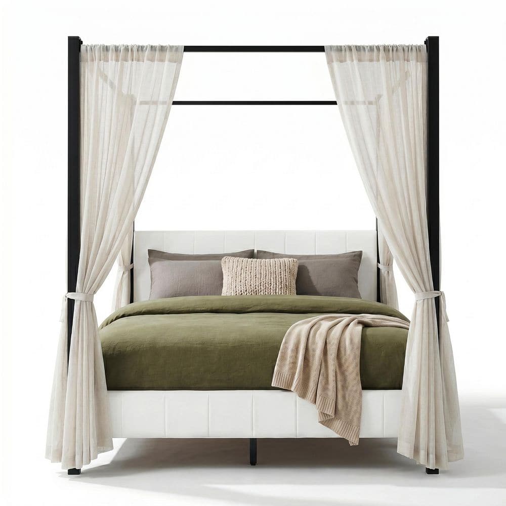 Despina White Wood Frame Queen Size Canopy Platform Bed with Channel-Tufted Upholstery Headboard and Footboard price history on PriceWatchPro