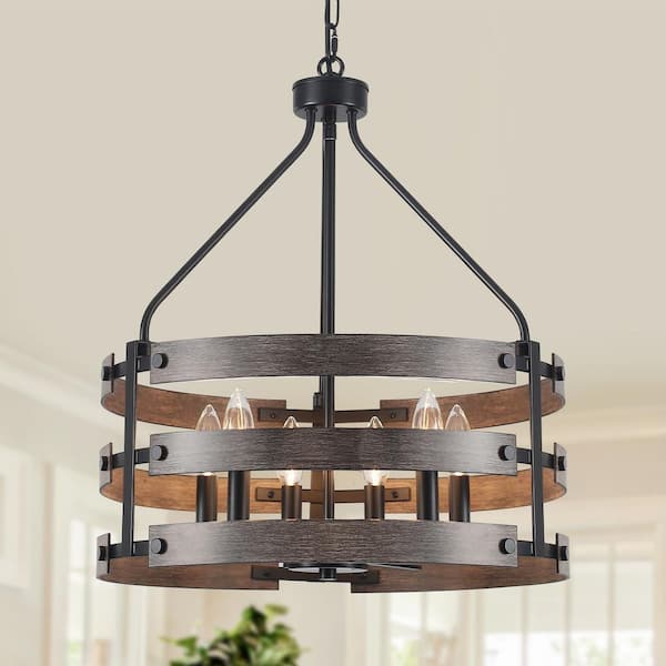 6-Light Black and Imitation Wood Grain Drum Chandelier Industrial Metal Hanging Pendant Light Fixture with Candle Design