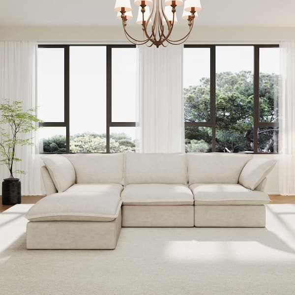 J&E Home 122.8 in.Flared Arm Linen Oversized L Shaped Down Sofa Living Room Couch with Storage Ottoman in Beige