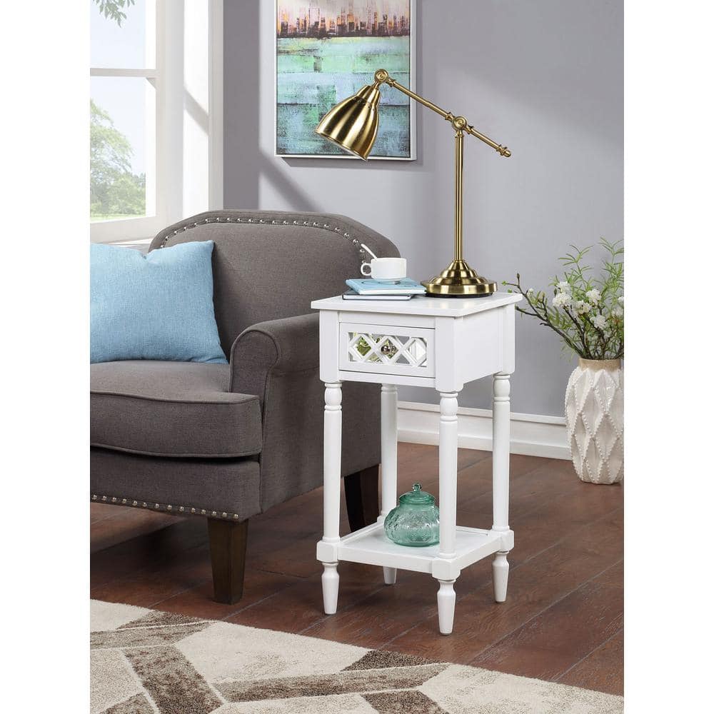 White Pinewood Square Accent Table with Mirrored Drawer