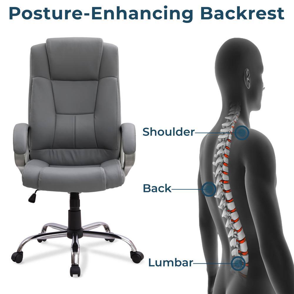 Gray High Back Executive Premium Faux Leather Office Chair with Back Support, Armrest and Lumbar Support - Thumbnail 3