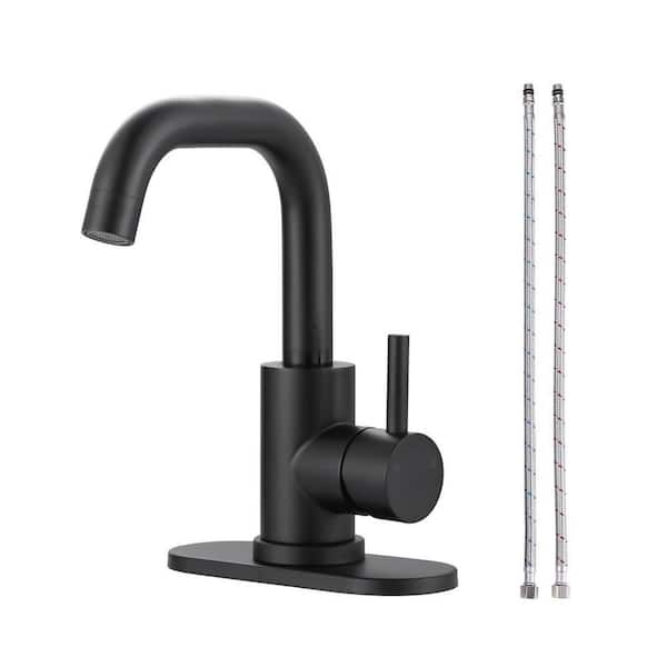 Modern Single Handle Stainless Steel Bar Faucet with Deck Plate and Supply Lines in Matte Black