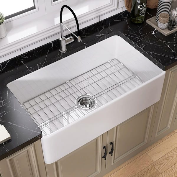 Dior 36 in. Farmhouse Apron Front Single Bowl Fireclay Farm Kitchen Sink with Bottom Grid and Strainer in Glossy White