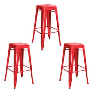 30 in. Red Metal, Backless, Stackable Bar Stool (Set of 3)