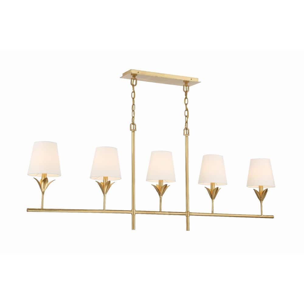 Antique Gold 5-Light Chandelier with White Silk Shades