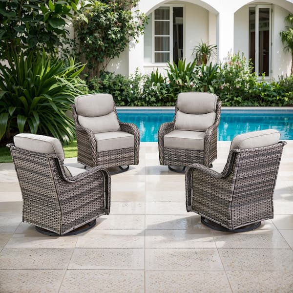 5 in. Thicken Outdoor Swivel Gray Wicker Outdoor Rocking Lounge Chair with CushionGuard Beige Cushions (Set 4-Pack)