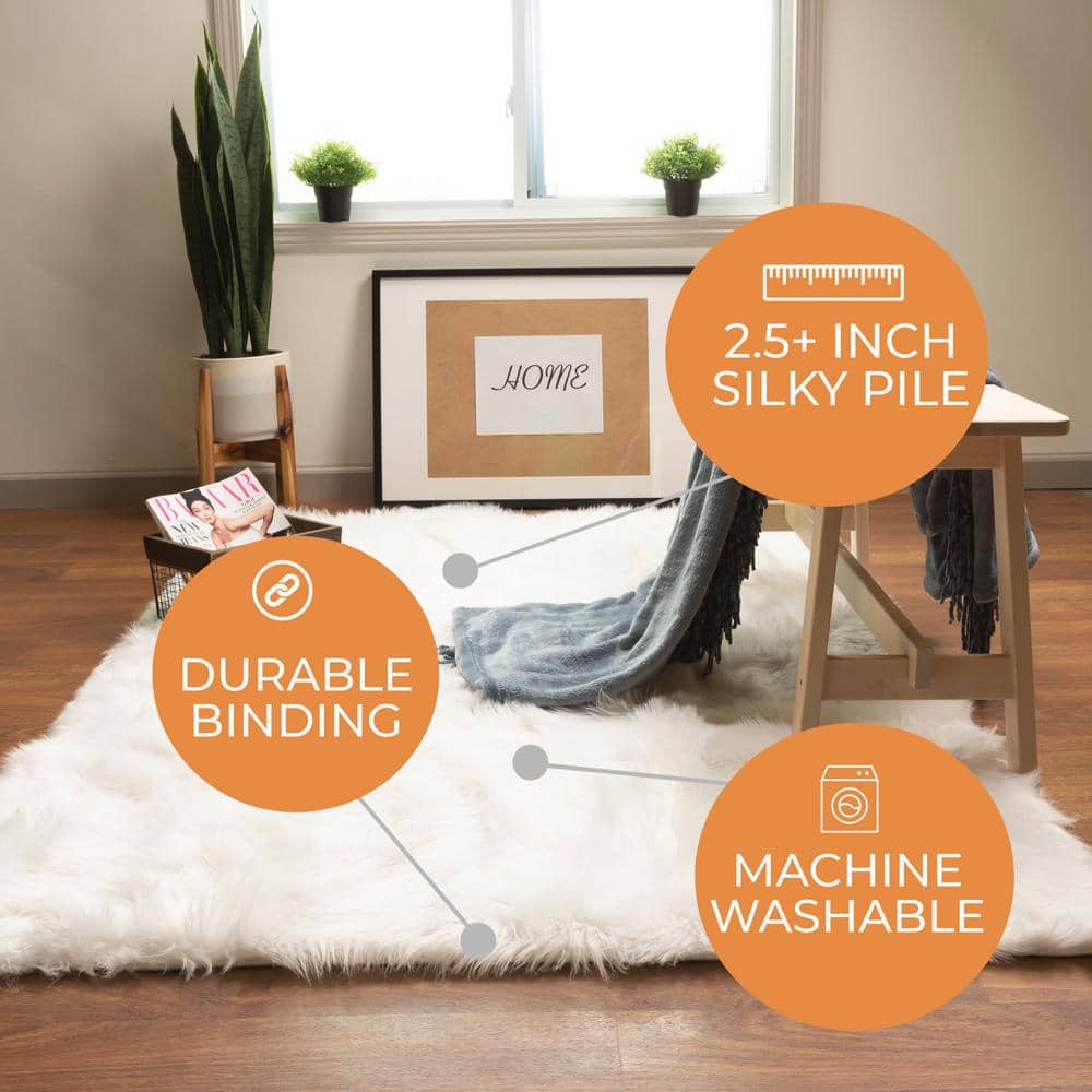 Ivory Rectangular Faux Fur Sheepskin Shag Rug