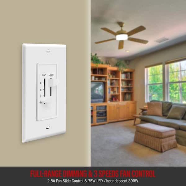 Enerlites 2 5 Amp 3 Sd Ceiling Fan Control And Led Dimmer Light Switch In White With Wall Plates Pack 17001 F3 Wwp3p The