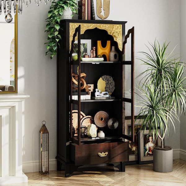 70.9 in. H Brown Paint Finish Wooden Storage Cabinet Buffet in Brown and Gold With Glass Doors and Drawers