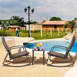 3-Piece Wicker Patio Conversation Set Rocking Chair Table Furniture Set Yard with Brown Cushion