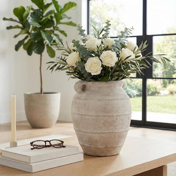 16 in. Ivory/Beige Ceramic Round Jug with Handles Decorative Vase