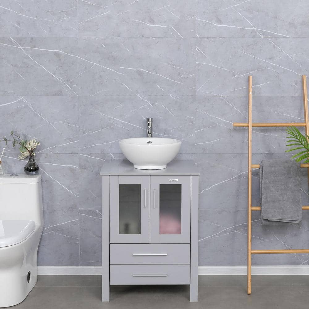 Gray MDF Single Sink Bath Vanity with White Ceramic Top and Chrome Faucet