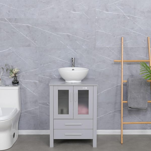 eclife 24 in. W x 20 in. D x 32 in. H Single Sink Bath Vanity in Grey with White Ceramic Top Chrome Faucet Set