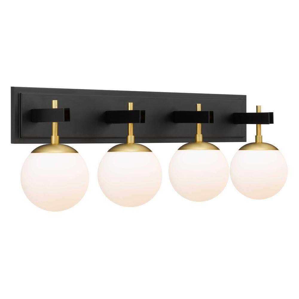 Black and Brass 4-Light Vanity Light with White Glass Orbs