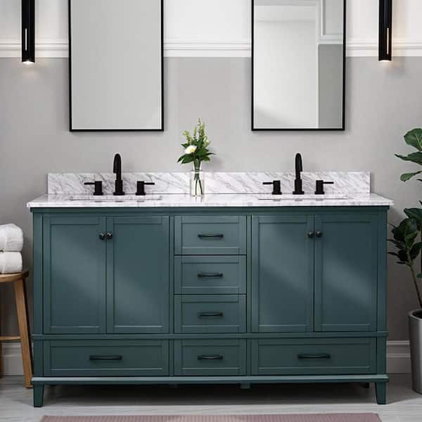 Merryfield 61 in. Double Sink Antigua Green Bath Vanity with White Carrara Marble Top (Assembled)