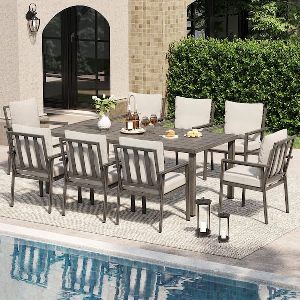 Quietude 9-Piece Gray Aluminum Patio Dining Set with Rectangular Table and Light Gray Cushions