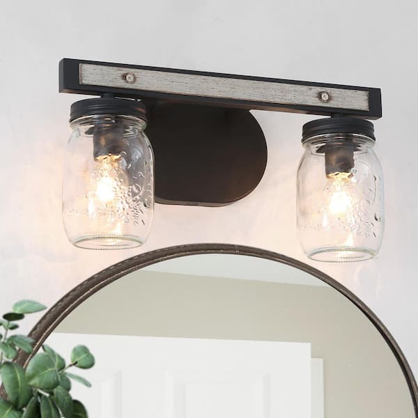 LNC 13 in. 2-Light Dark Grey Vanity Light with Farmhouse Faux Wood Accent Mason Jar Shades