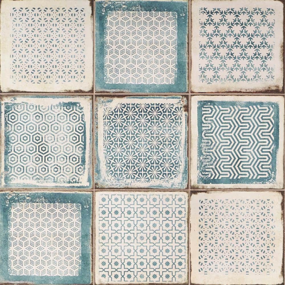 Moroccan 4 Piece Handmade Cement Mosaic Blue Hamsa Tile 6"x6" Geometric Design 