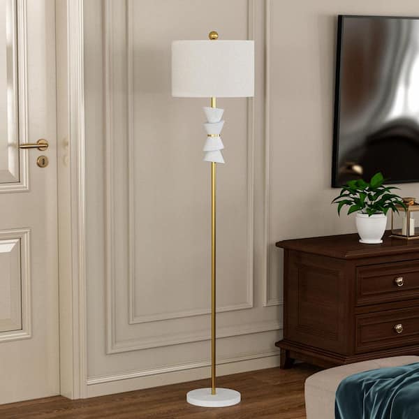 Maxax Chicago 68 in. Gold White Marble Modern Art Deco 1-Light Standard Floor Lamp with White Linen Shade
