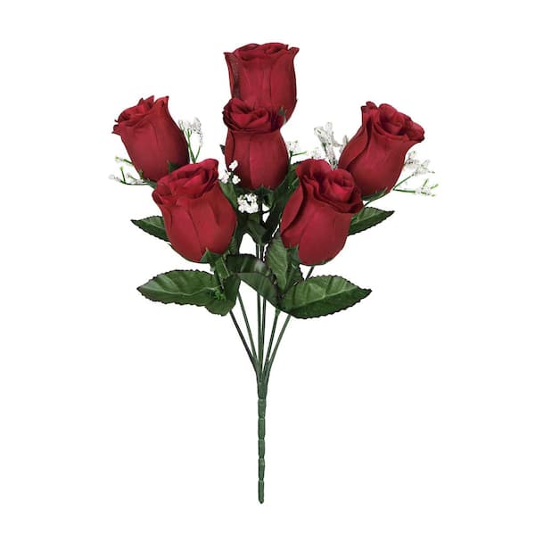LIVING LUXURY 14 in. Burgundy Red Artificial Rose Bud Flower Stem Bush Bouquet (Set of 12)