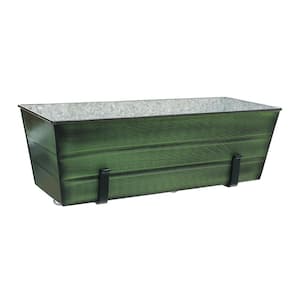 11 in. x 24 in. Rectangle Green Patina Galvanized Steel Flower Window Box with Black Wrought Iron Clamp-On Brackets