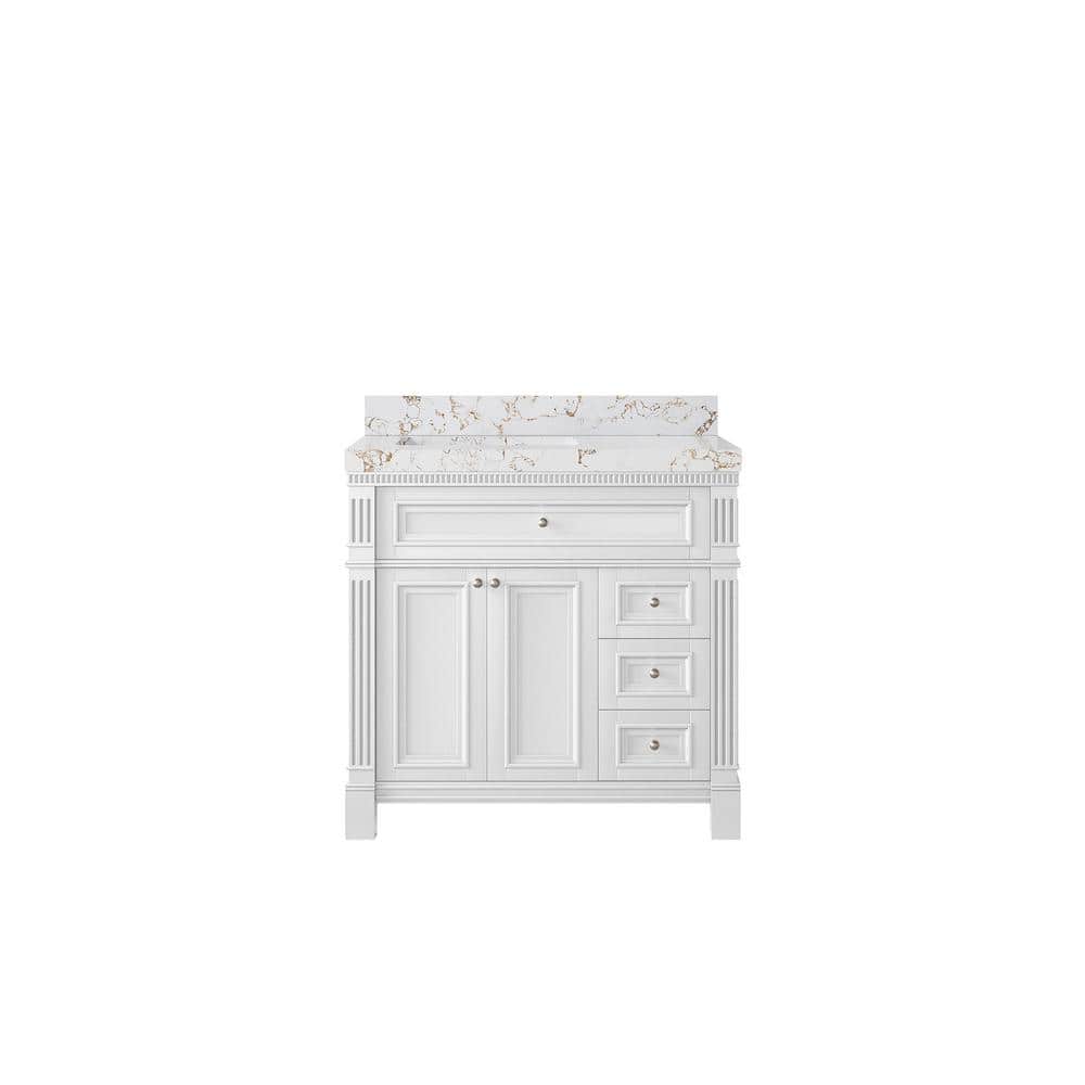 Paris 36 in. W x 22 in. D x 36 in. H Left Offset Sink Bath Vanity in White with 2 in. Viola Gold qt. Top