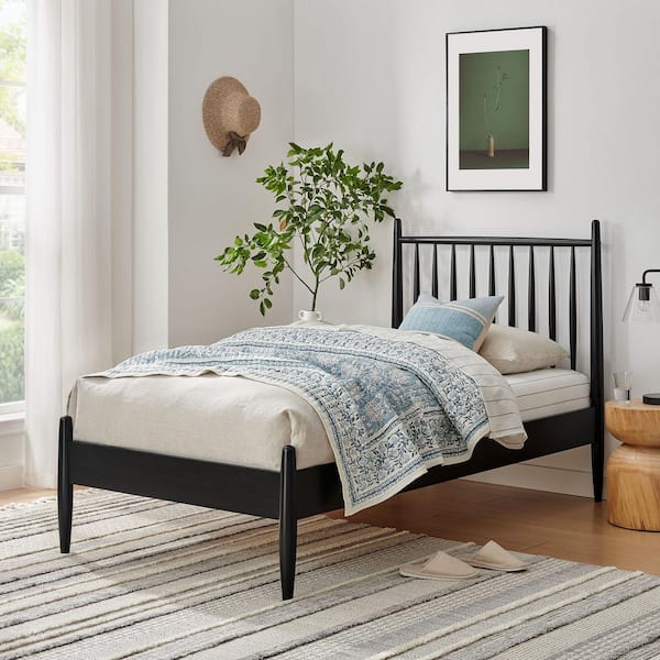 Zane Black Solid Rubberwood Frame Twin Spindle Platform Bed