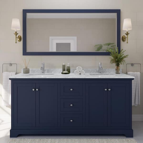Wyndham Collection Avery 72 in. W x 22 in. D x 35 in. H Double Bath Vanity in Dark Blue with White Carrara Marble Top
