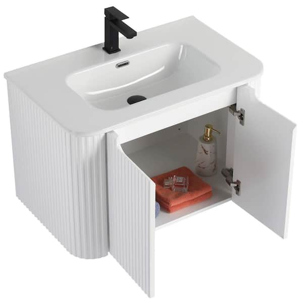 Caskvalley 30 in. Floating Bath Vanity in White with White Ceramic Sink Top Assembled