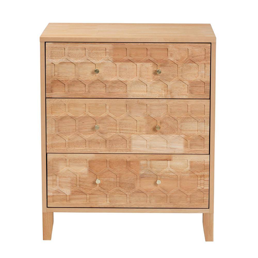 Natural Wood Honeycomb Carved 3-Drawer Chest