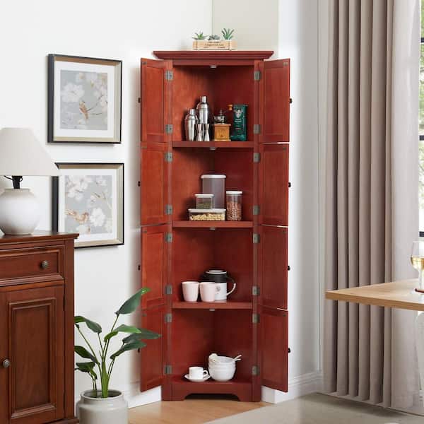 Numhew 4-Tier 72 in. Cherry Corner Kitchen Pantry Organizer Storage Cabinet with 8 Doors and Adjustable Shelves