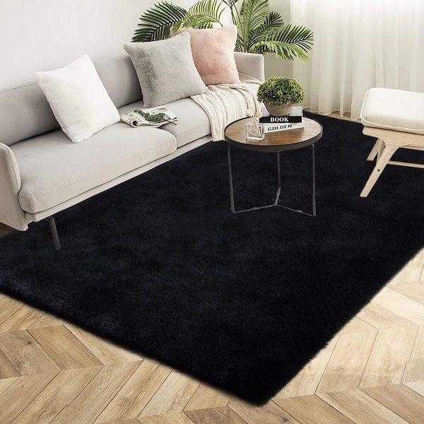 Mmlior Black 6 ft. x 9 ft. Soft Faux Rabbit Fur Area Rug