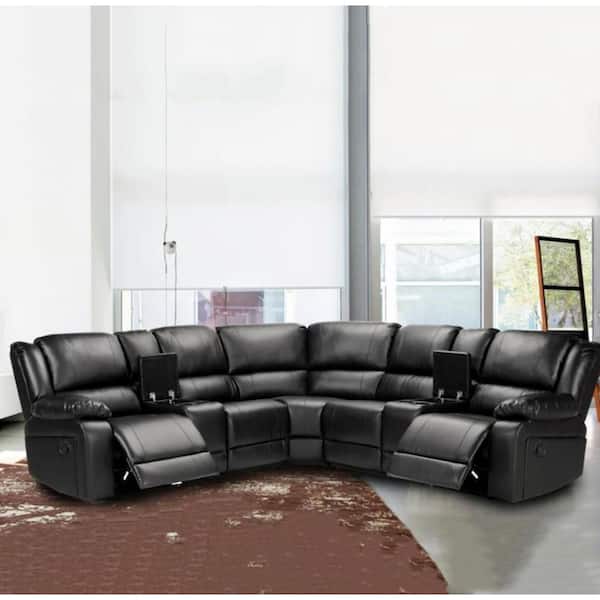 Magic Home 3 Piece 108 25 In Blackpu Leather 5 Seats Symmetrical Mannual Motion Sofa Reclining Sectionals With Cup Holders Mh W223s00028 The Depot Magic Home 3 Piece 108 25 In Blackpu, Leather Corner Recliner Sofa With Cup Holders