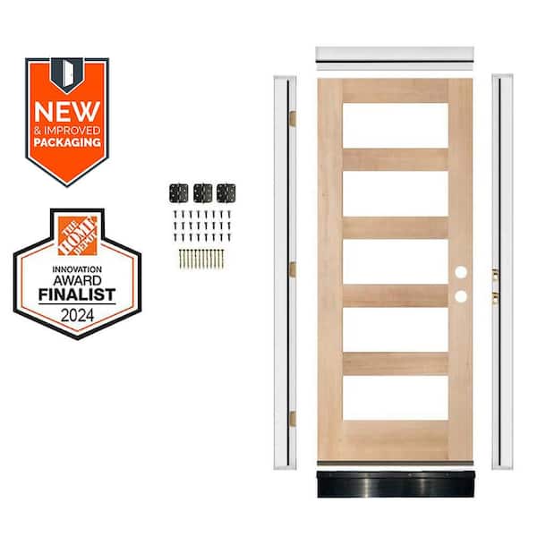 36in.x80in. Modern Hemlock LH 5-Lite Clear Glass Unfinished Wood AssemblyRequired Front Door Kit w/QuickAssembleJamb