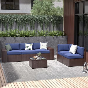 6-Piece Rattan Wicker Steel Patio Outdoor Sectional Set and Coffee Table with Blue Cushions and Set Covers