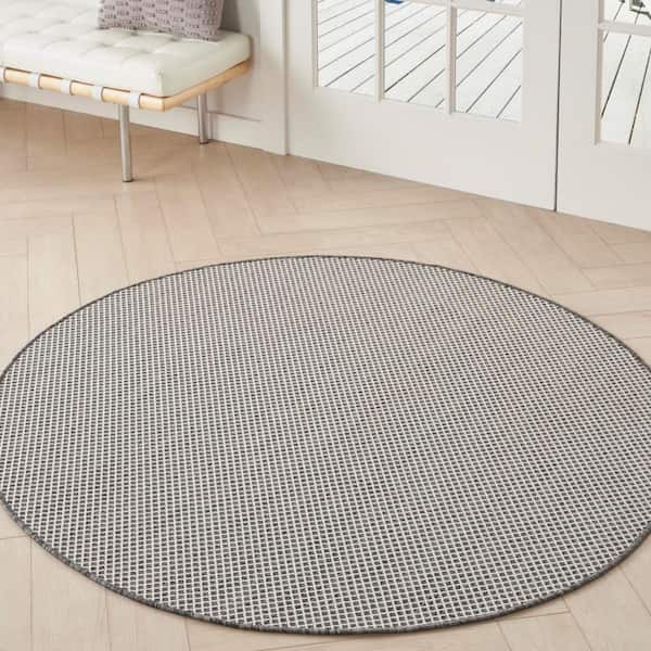 Courtyard Ivory/Charcoal 5 ft. x 5 ft. Round Solid Geometric Contemporary Indoor/Outdoor Area Rug