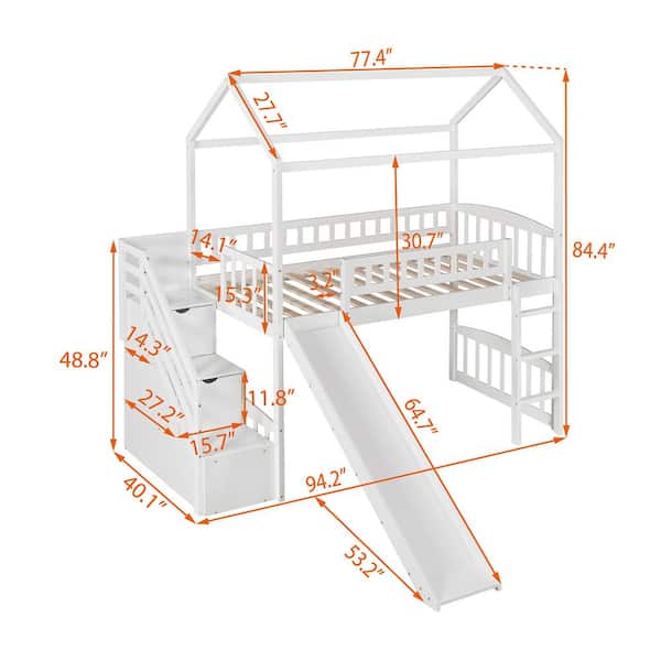 ロフトページ　1110☓730 Twin Size Loft Bed Frame with Desk Angled and Built-in
