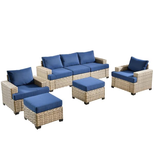 Merritt 7-Piece Wicker Modern Outdoor Patio Conversation Sofa Seating Furniture Set with Navy Blue Cushions