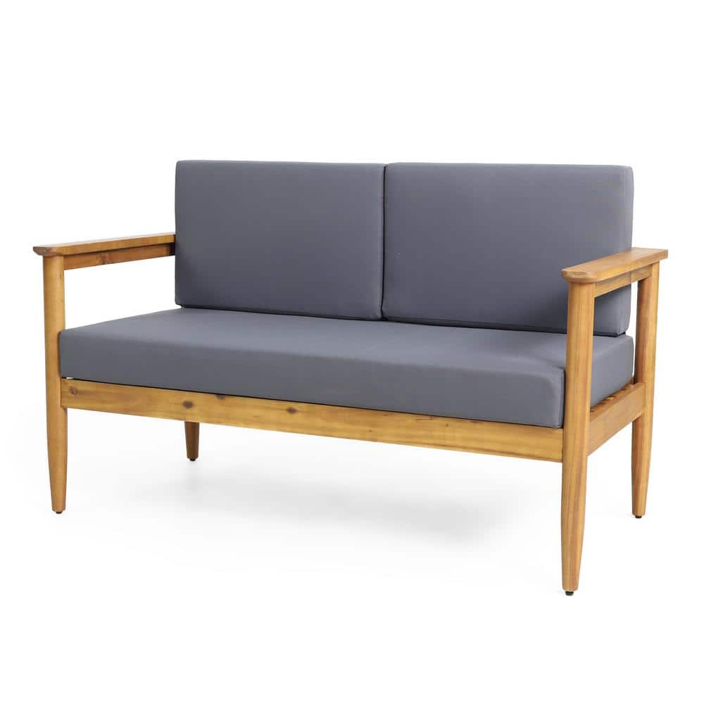 Teak Wood Outdoor Loveseat with Dark Gray Cushions