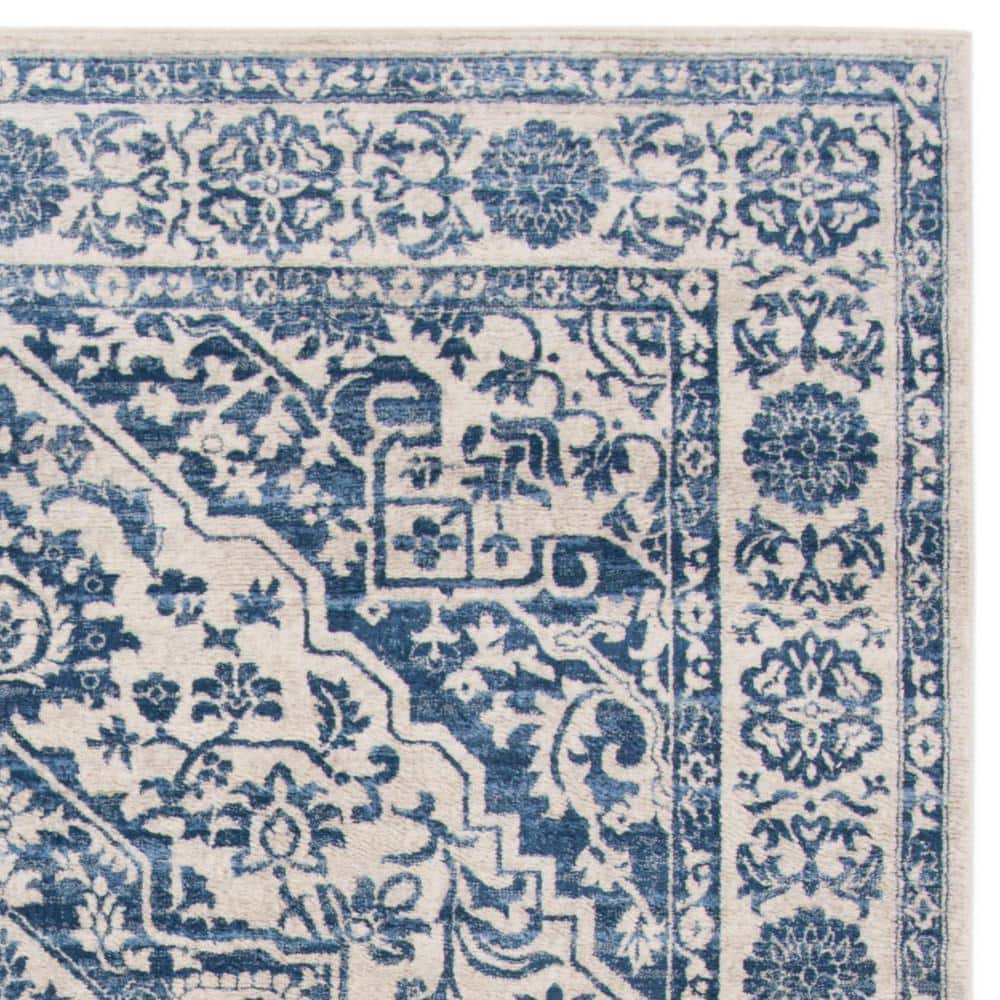 Navy and Light Grey Floral Border 8' x 10' Area Rug
