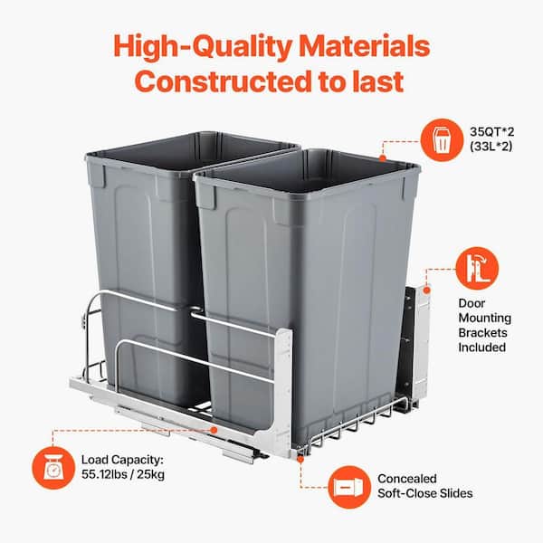 SKYSHALO Pull Out Double Trash Can 35 qt. x 2 with Door Mount Kit
