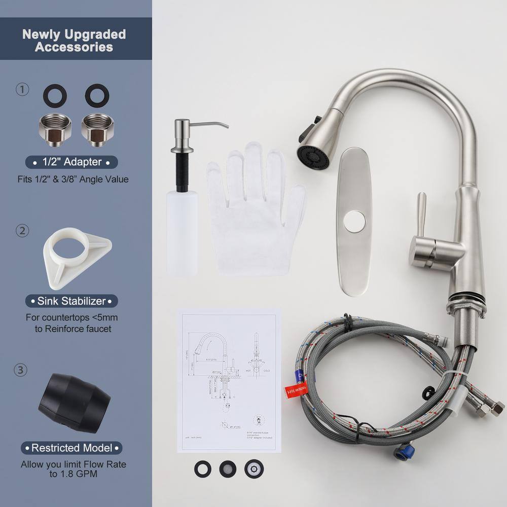 Brushed Nickel Stainless Steel Pull Down Kitchen Faucet with Soap Dispenser