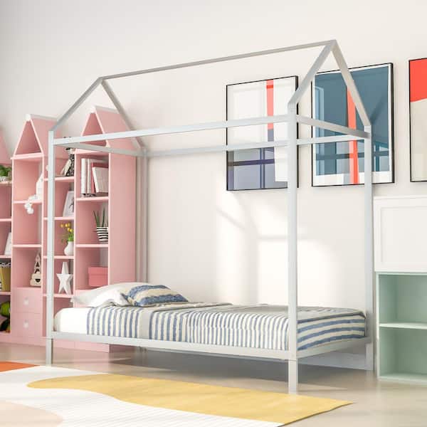 Harper & Bright Designs Silver Twin Size House Metal Platform Bed, Floor Bed for Kids